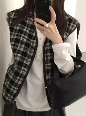 FROMSEVEN 圆领格子拼色薄棉马夹无袖背心外套棉服