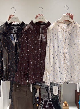 TRUST ME 圆领复古小碎花系带单排扣长袖衬衫7086