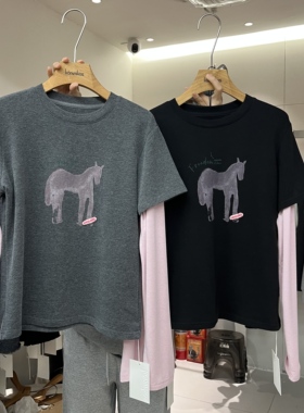 HANMIGAO 圆领卡通小马图案拼接袖假两件长袖T恤上衣63650