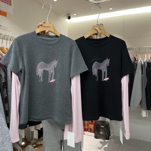 HANMIGAO 圆领卡通小马图案拼接袖假两件长袖T恤上衣63650