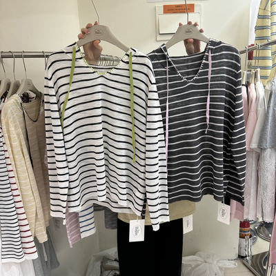 条纹明线薄款长袖针织衫T恤