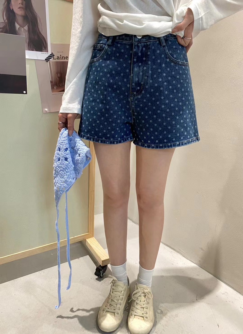 高腰圆点直筒牛仔短裤A字休闲裤