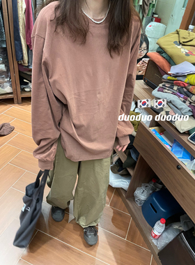 DUODUO 圆领纯色简约宽松长袖磨毛T恤打底衫1239-1