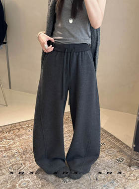 3R3 抽绳松紧腰纯色宽松阔腿加绒卫裤休闲裤弯刀裤8360-1