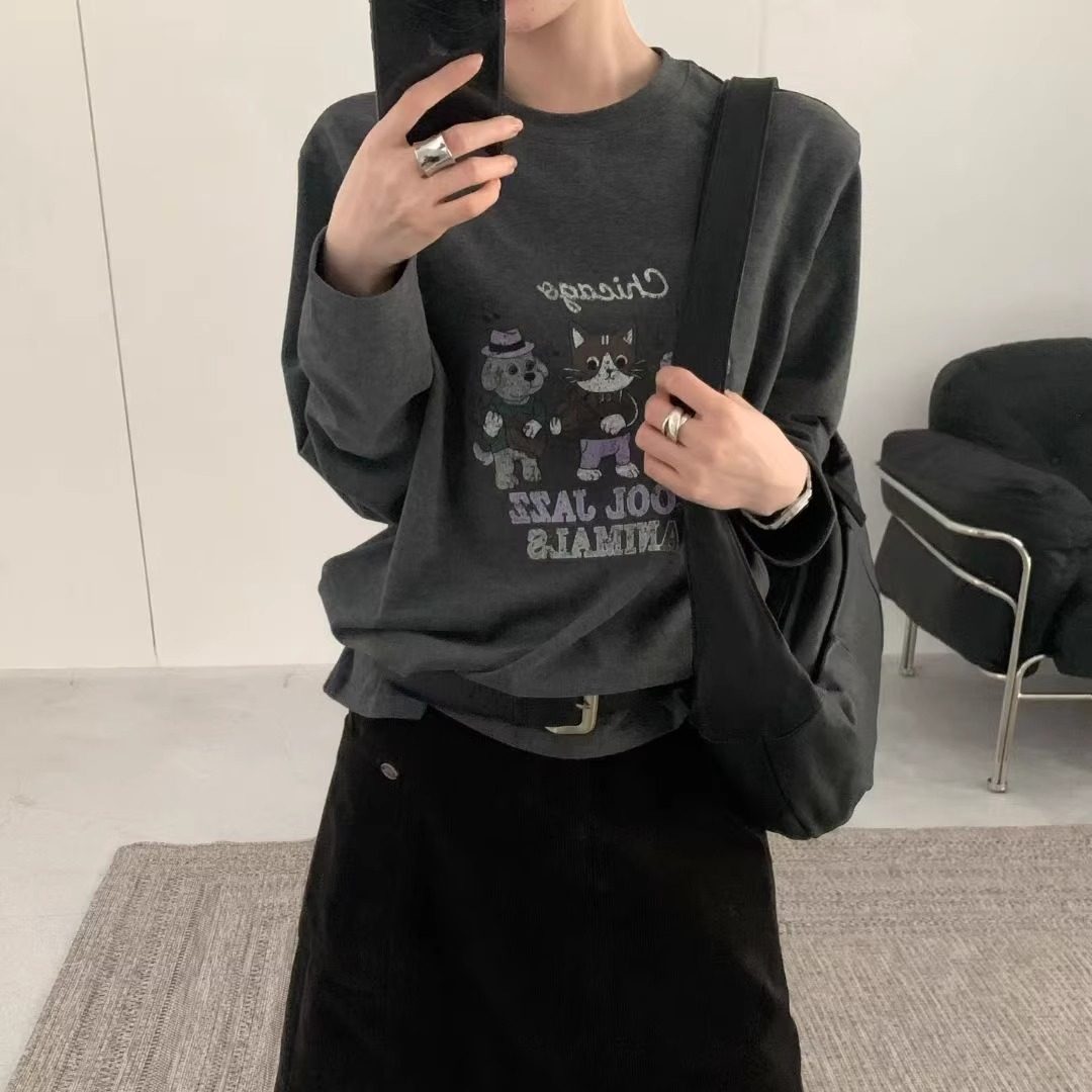 FROMSEVEN 圆领字母卡通图案宽松长袖T恤百搭上衣