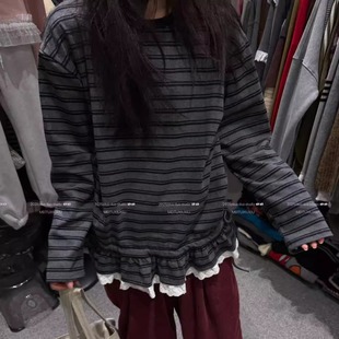 T恤打底衫 DUODUO 圆领条纹拼色下摆荷叶边宽松长袖