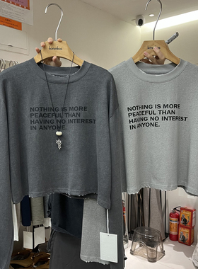 HANMIGAO 圆领字母图案磨破短款长袖T恤百搭上衣62323