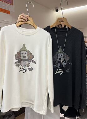 HANMIGAO 圆领字母卡通图案德绒厚款宽松长袖T恤上衣63327
