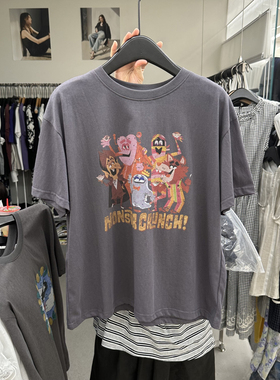 fromseven 圆领字母卡通图案宽松短袖T恤上衣3487