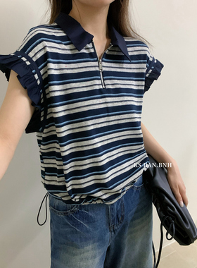 KISS SISTER 翻领条纹拼色荷叶袖背心T恤百搭上衣25115