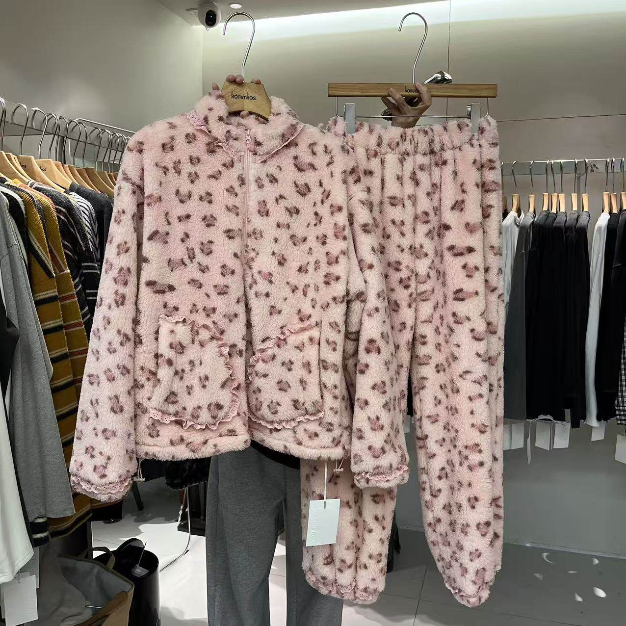 HANMIGAO 豹纹毛茸茸卫衣+直筒加绒卫裤套装居家服63350