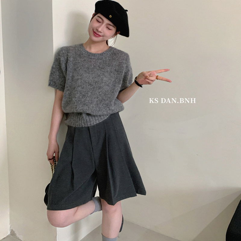 KISS SISTER 圆领纯色简约短袖针织衫毛衣百搭上衣66880