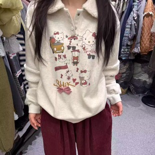 DUODUO 翻领字母卡通图案宽松套头加绒卫衣POLO衫