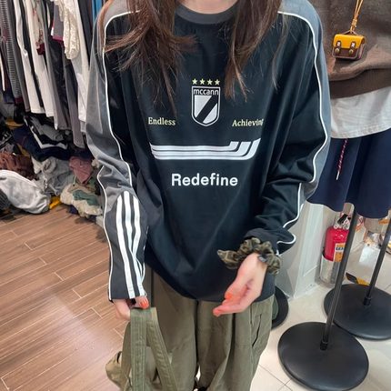 DUODUO 圆领字母图案插肩袖拼色磨毛T恤上衣202