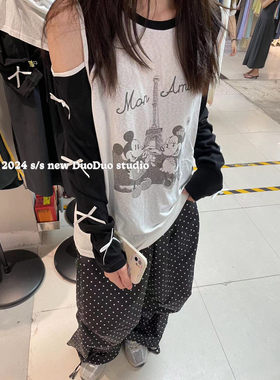 DUODUO 圆领字母卡通图案露肩薄款长袖T恤防晒衣755