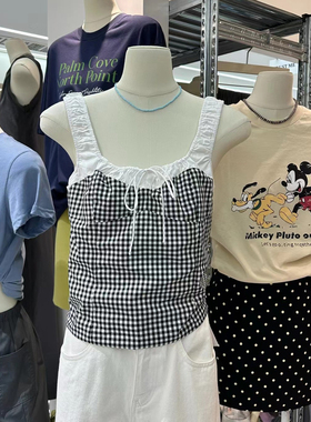 TRUST ME 圆领系带蝴蝶结格子拼接假两件短款背心吊带24458