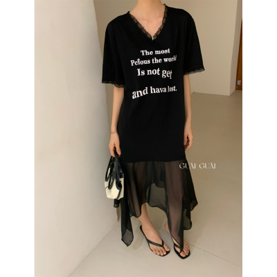 蕾丝花边拼接纱纱下摆连衣裙长裙