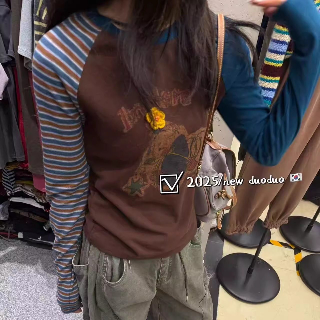 字母卡通插肩袖拼色磨毛长袖T恤