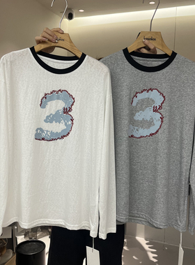 HANMIGAO 拼色圆领数字图案宽松长袖T恤松弛感上衣63019
