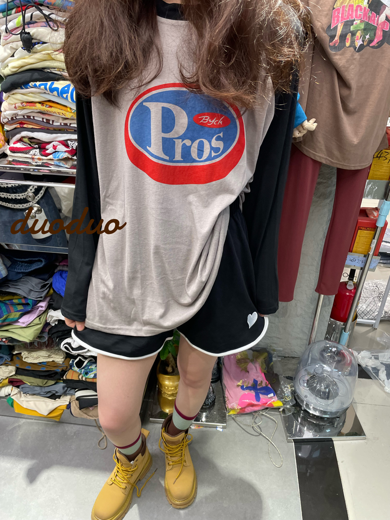 字母图案拼色袖薄款长袖T恤上衣