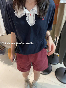 DUODUO 翻领蕾丝花边字母卡通简约宽松套头短袖T恤POLO衫9097
