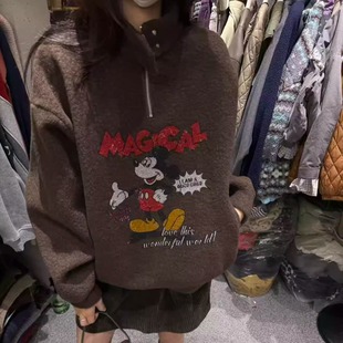 DUODUO 翻领半扣字母卡通图案宽松套头卫衣打底衫