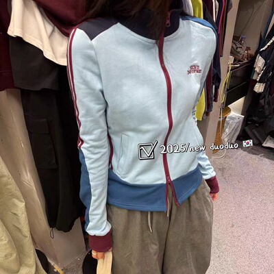 字母刺绣拼色拉链修身短款外套