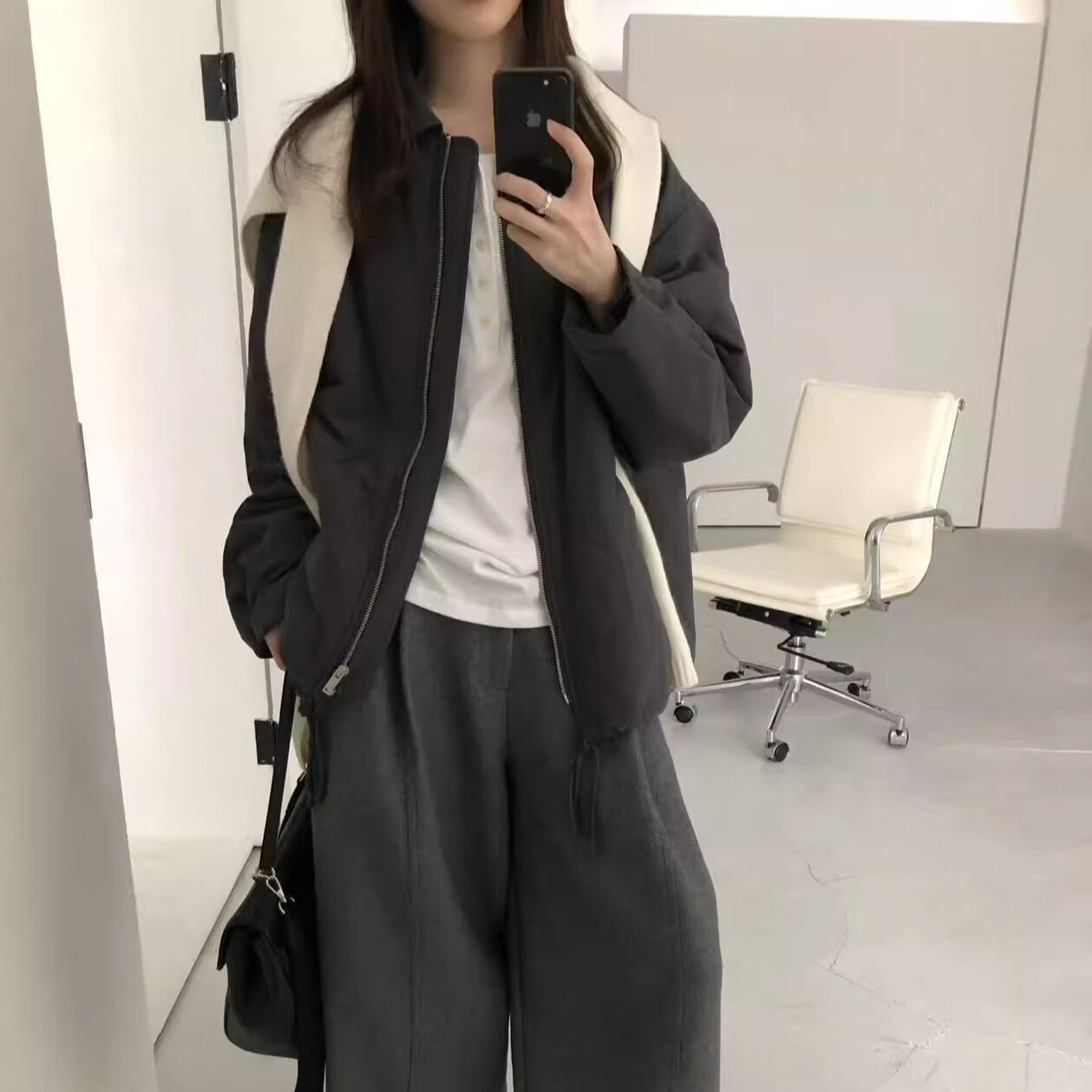 格子下摆抽绳松紧薄棉外套棉服