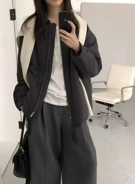 FROMSEVEN 翻领格子高级感下摆抽绳松紧薄棉外套棉服开衫