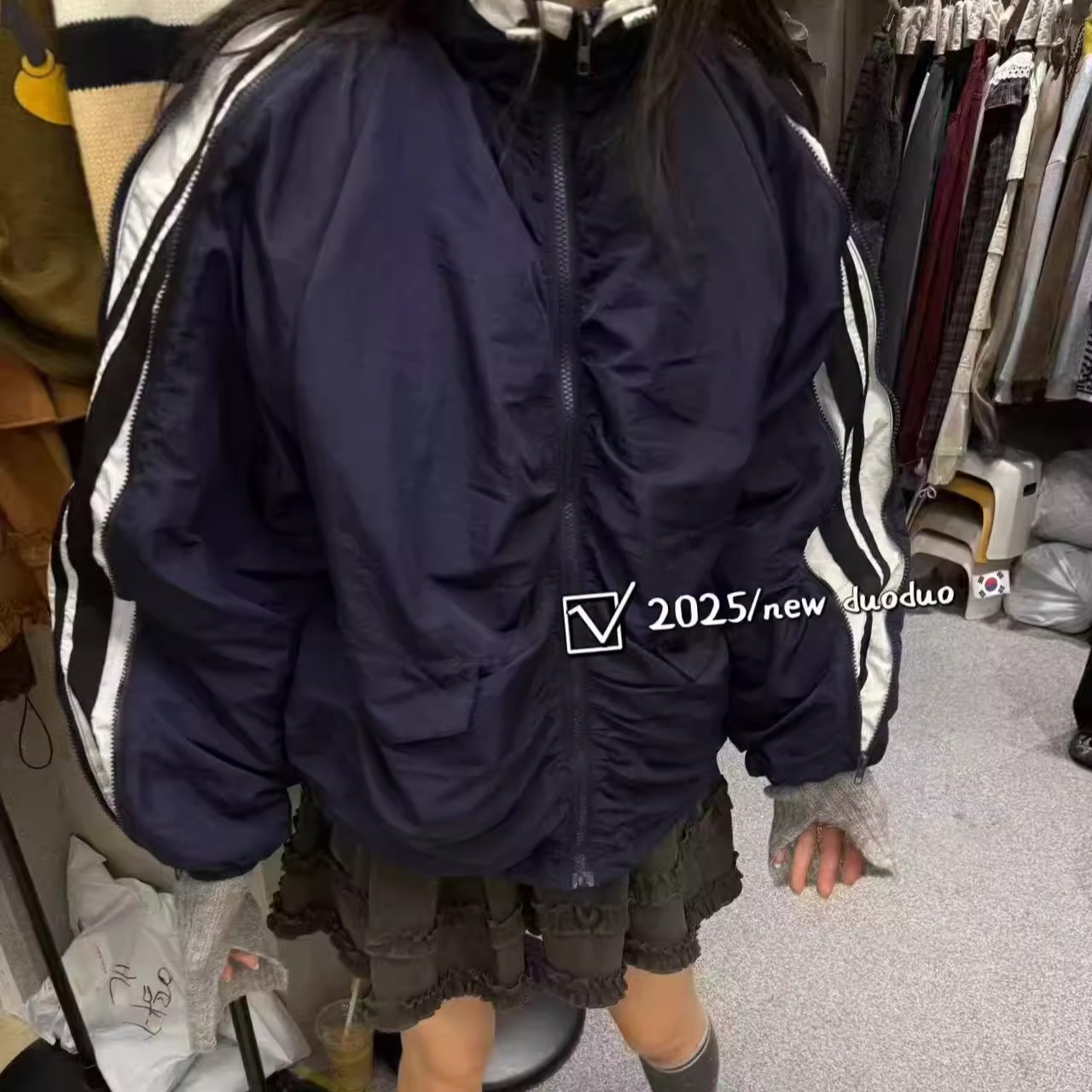 抽绳皱褶三杠边条风衣外套棒球服