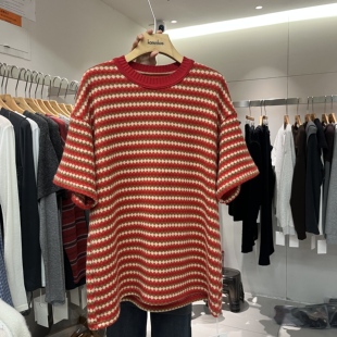 HANMIGAO 圆领条纹拼色宽松短袖T恤百搭上衣打底衫