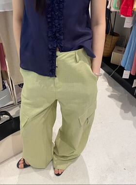 T.BEAR 高腰纯色口袋宽松阔腿麻料休闲裤工装裤37315