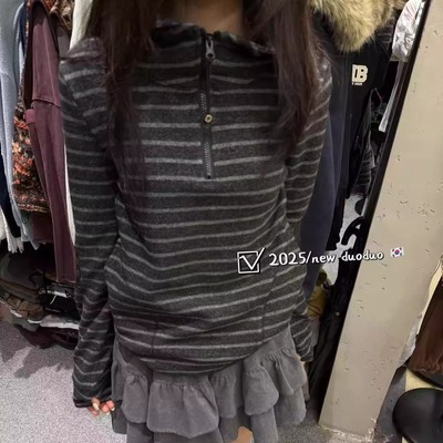 条纹拼色手肘补丁修身长袖T恤