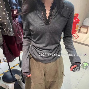 DUODUO 连帽领拼接蕾丝花边修身长袖T恤打底衫