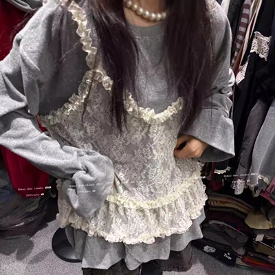 DUODUO蕾丝吊带+荷叶边长袖T恤