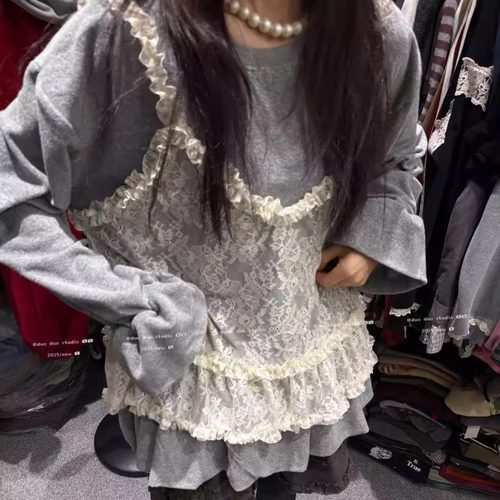 DUODUO蕾丝吊带+荷叶边长袖T恤