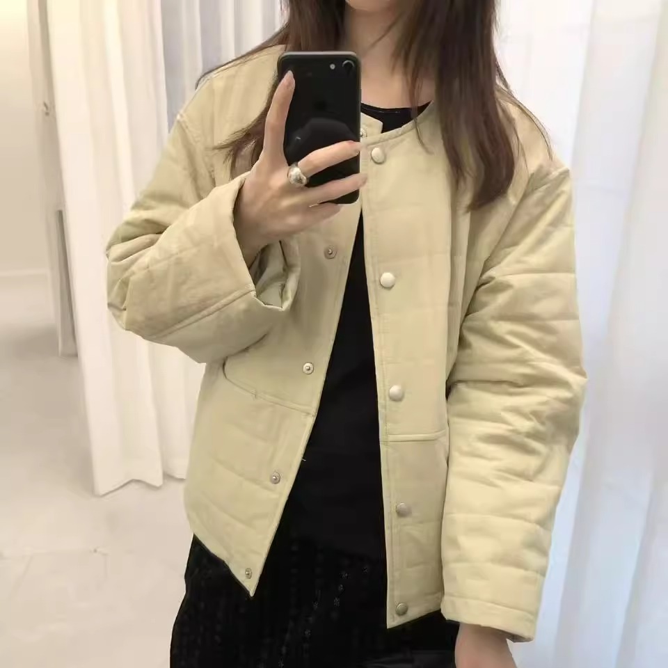 格子单排扣薄夹棉外套棉服