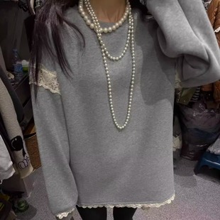 DUODUO 圆领蕾丝花边加绒卫衣