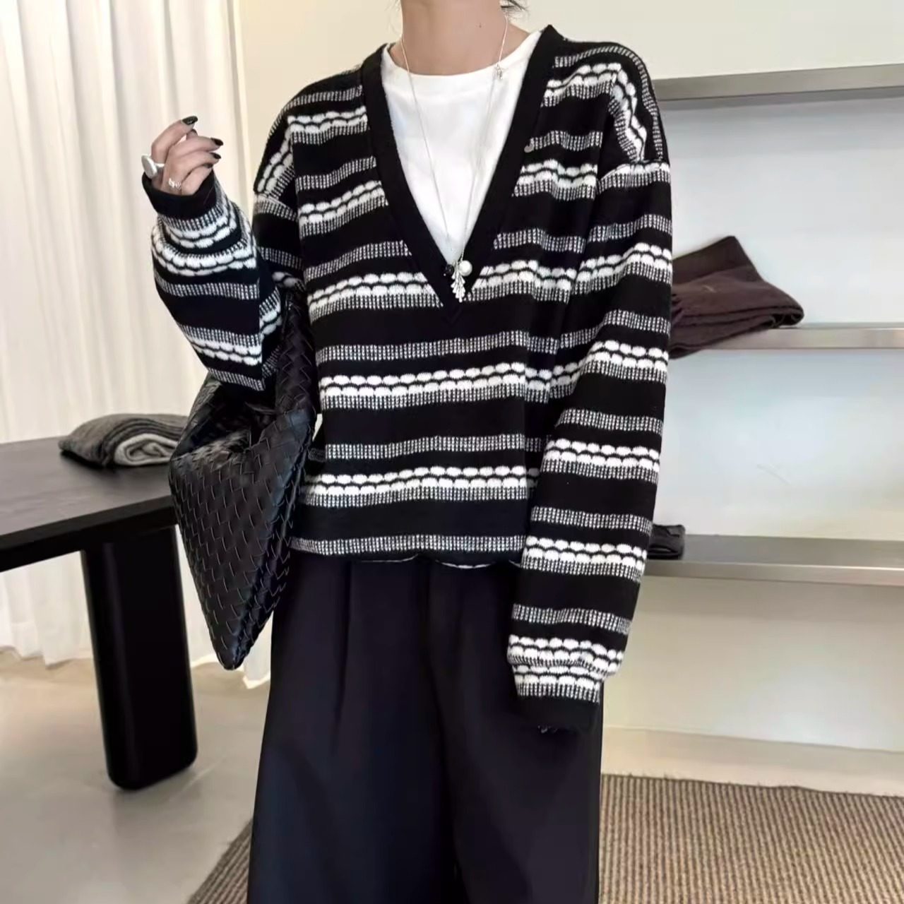 拼接T条纹拼色抽绳假两件针织衫