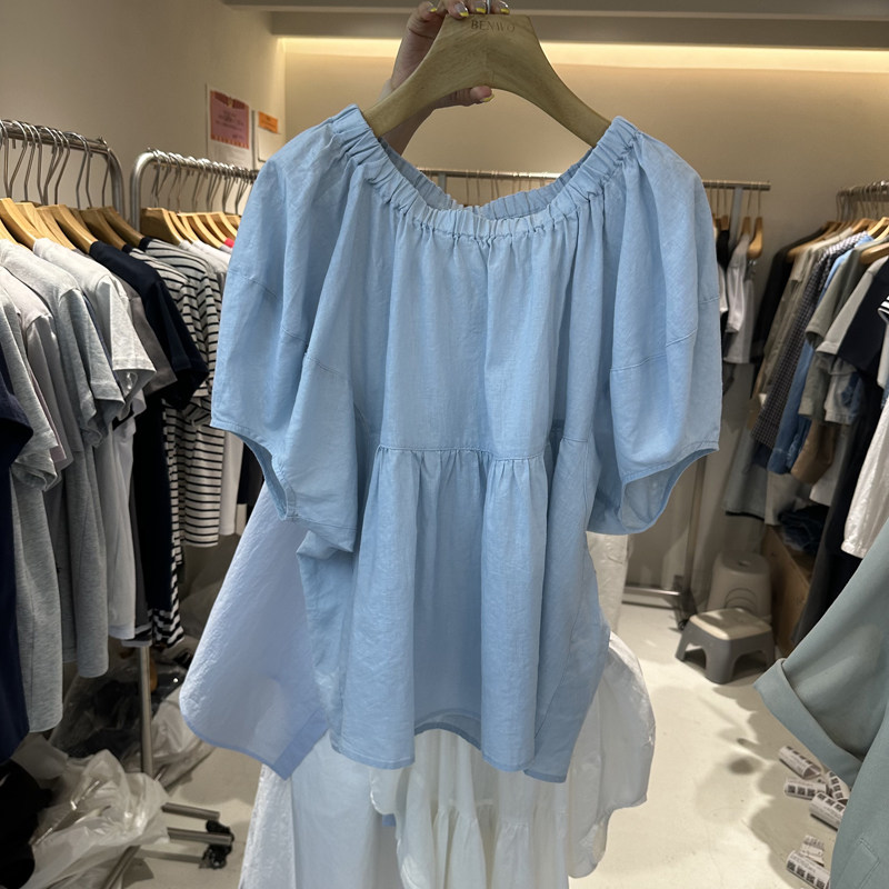 纯色荷叶边套头泡泡袖衬衫
