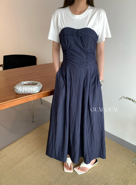 Z.A 圆领压皱收腰拼接白T假两件短袖连衣裙长裙30809