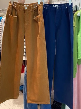T.BEAR 可调节钮扣高腰纯色宽松阔腿牛仔裤拖地裤8337