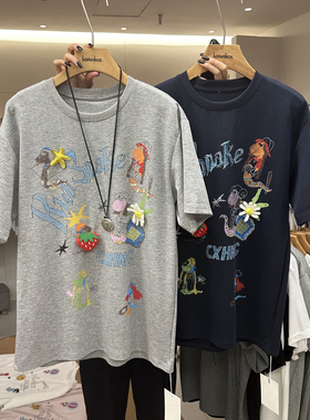 HANMIGAO 圆领字母卡通图案宽松短袖T恤上衣60618