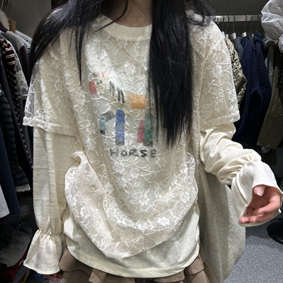 DUODUO 圆领字母小马图案拼接蕾丝罩衫假两件T恤百搭上衣12535