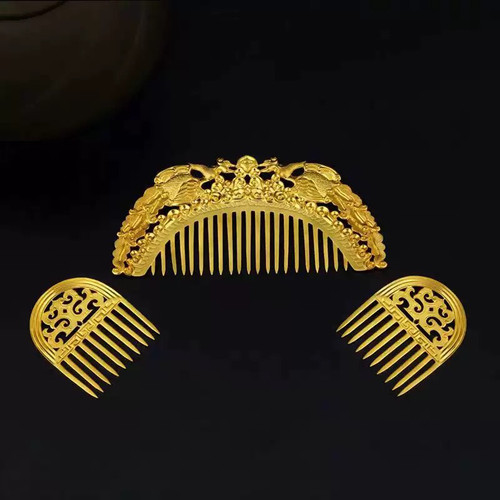 双凤祥云纹梳篦发簪 唐风錾刻仕女图凤凰发梳 敦煌供养人头饰插梳