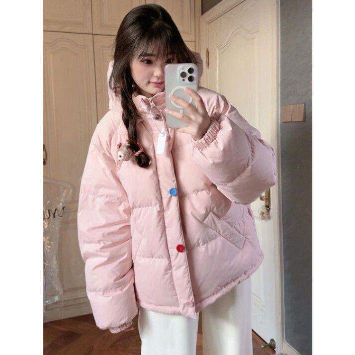 学院风粉色设计感彩色扣连帽棉服外套女冬季新款防寒加厚保暖棉袄