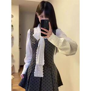 名媛小香风波点背带连衣裙叠穿蝴蝶结衬衫春秋季两件套装