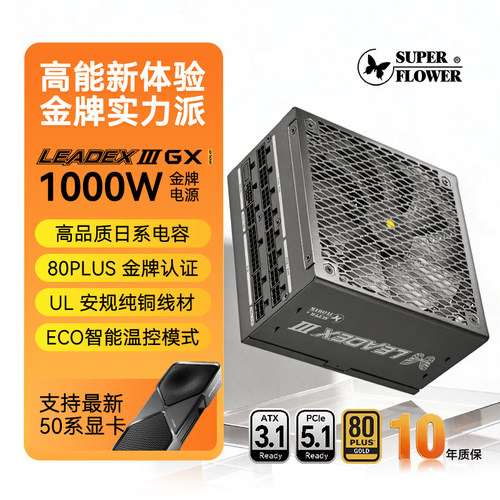 振华LEADEX III GX系列1000W 金牌全模组ATX3.1 电脑电源十年质保