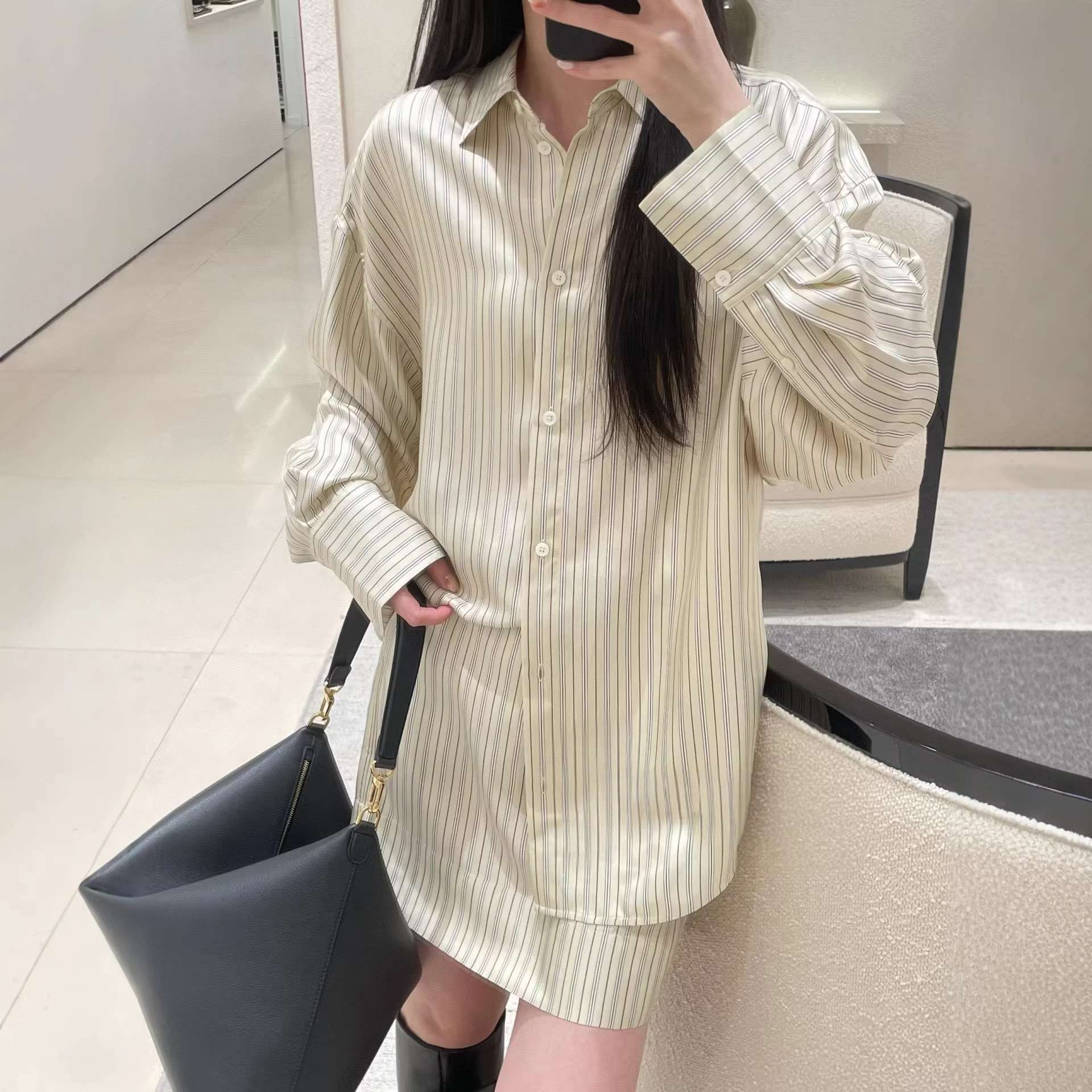 桑蚕丝条纹抽绳半裙春秋深圳南油高货新款老钱风慵懒宽松半裙
