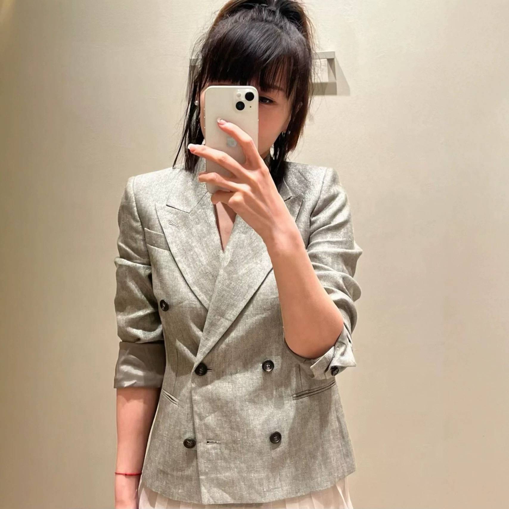 深圳南油老钱风BC松弛双排扣亚麻斜裁西装女薄款修身西服bc西装女